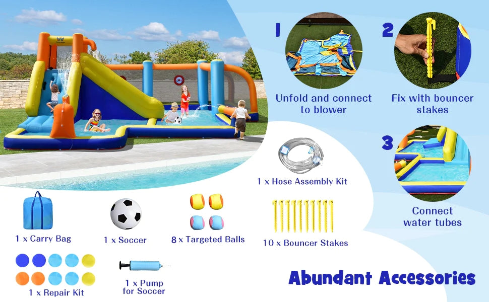 Inflatable Water Slide Bounce House 7-in-1 Water Soccer Giant Waterslide Park with Splash Pool & Climbing Wall with 735W Blower