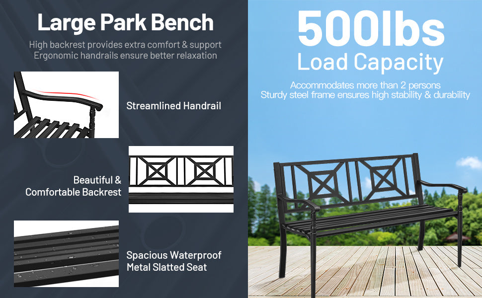 Heavy-Duty Outdoor Patio Garden Bench Loveseat with Decorative Backrest & Armrest