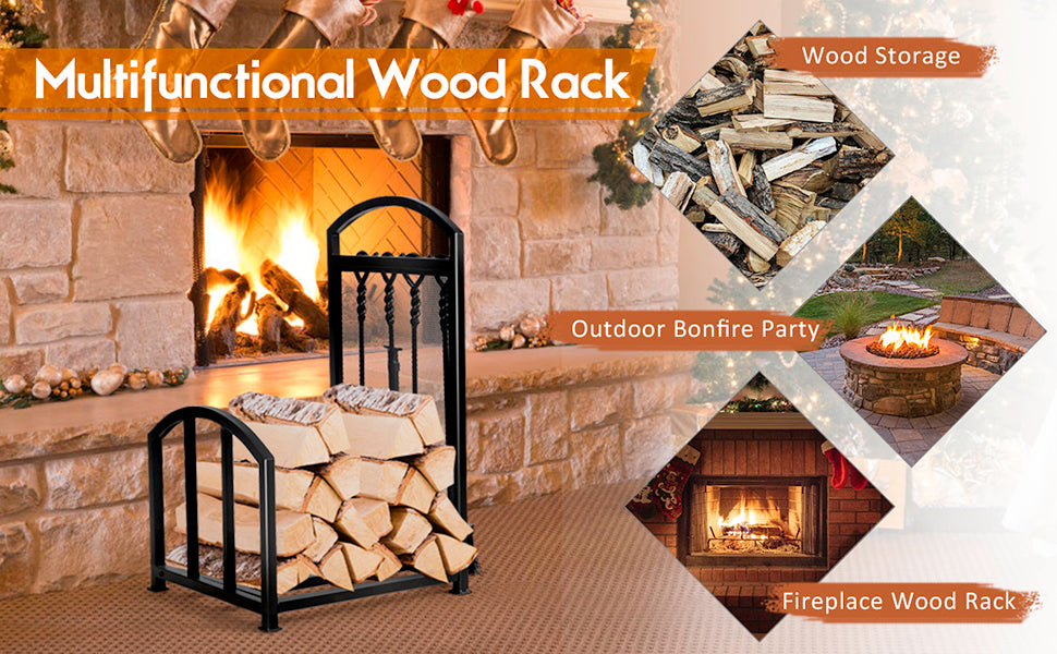 Heavy Duty Firewood Log Rack with 4 Fireplace Tools Set for Outdoor Indoor
