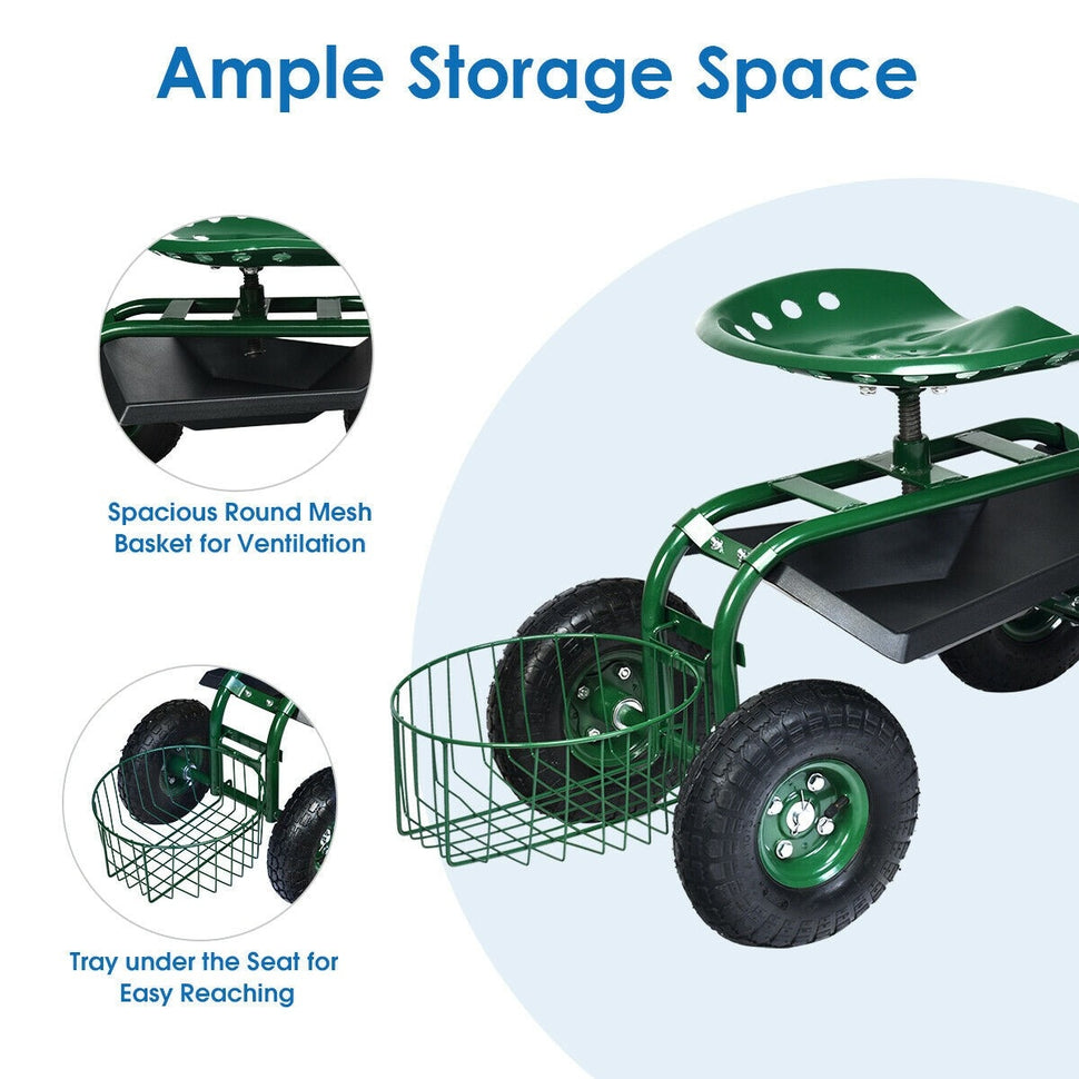 Heavy Duty Rolling Garden Cart with 360 Swivel Seat and Mesh Basket