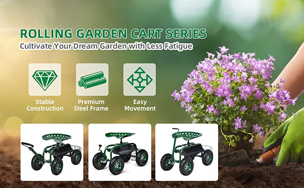 Heavy Duty Rolling Garden Cart with 360 Swivel Seat and Mesh Basket