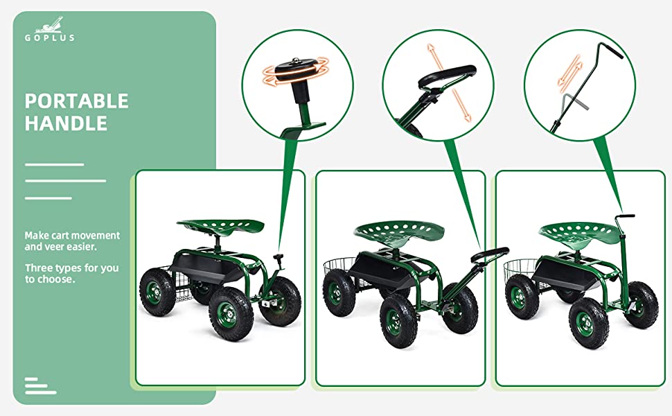 Heavy Duty Rolling Garden Cart with 360 Swivel Seat and Mesh Basket