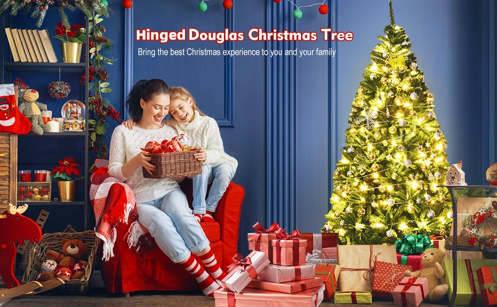 6Ft Hinged Douglas Artificial Christmas Tree 1355 Branch Tips with Foldable Solid Metal Stand