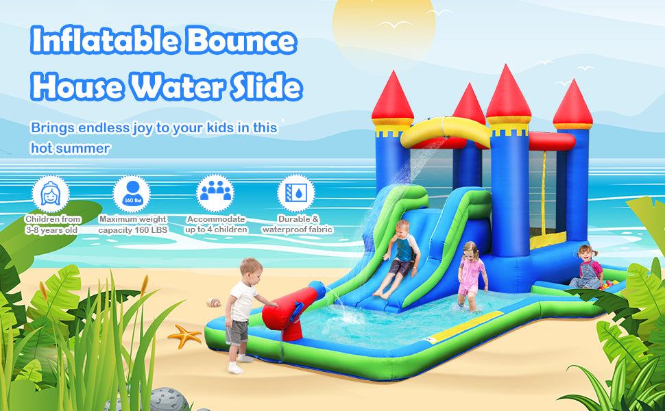 Inflatable Water Slide Bouncy Castle Splash Pool Water Cannon with 580W Air Blower