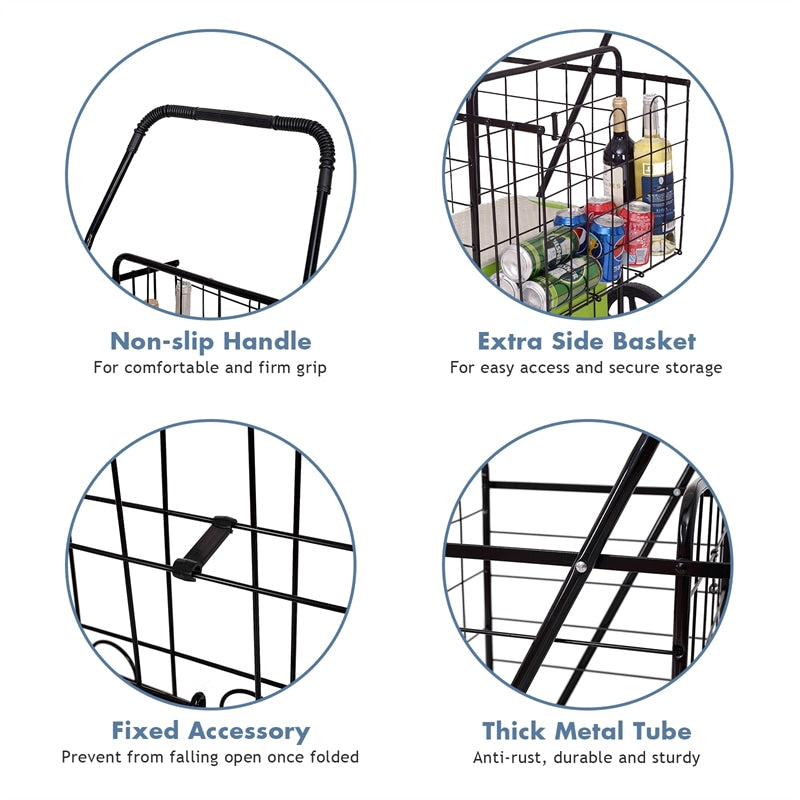 Jumbo Folding Shopping Cart  Utility Cart with Double Basket & Swivel Wheels