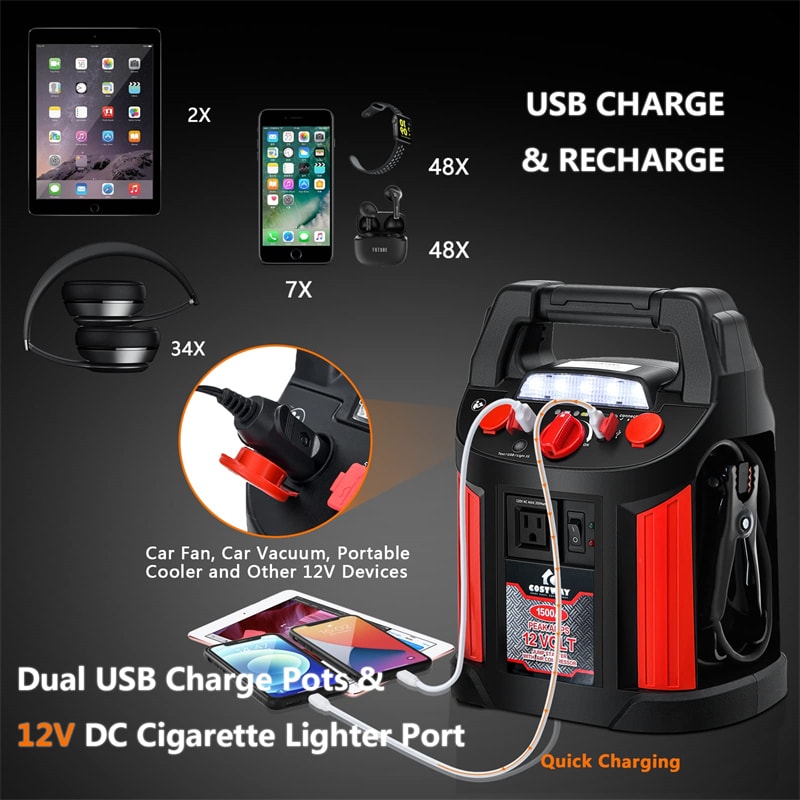 Jump Starter 180 PSI Air Compressor Portable Power Bank Charger with LED Flashlight DC Outlet