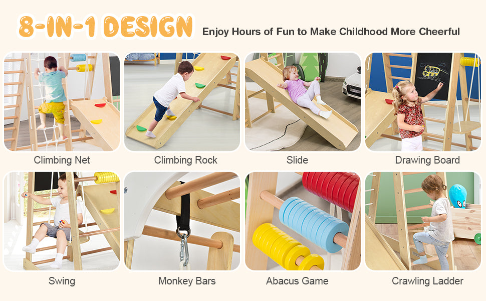 Kids Indoor Playground Jungle Gym 8-in-1 Wooden Toddler Climbing Toys with Slides