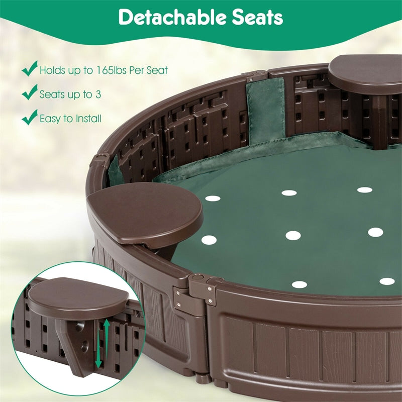 Kids Outdoor Playset Sandbox with Cover Detachable Corner Seats Bottom Liner - Round