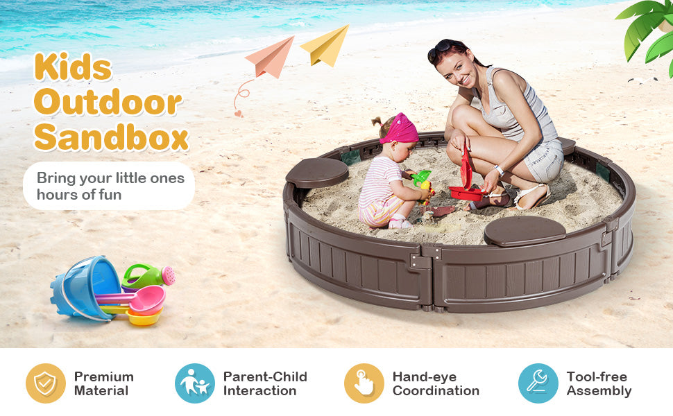Kids Outdoor Playset Sandbox with Cover Detachable Corner Seats Bottom Liner - Round