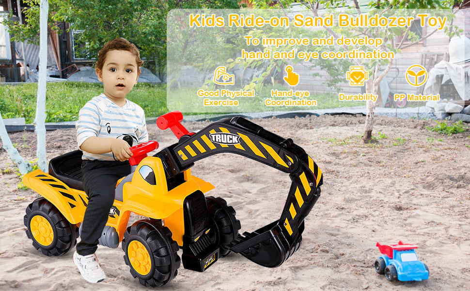 6V Battery Kids Ride On Excavator Toddler Bulldozer Digger Construction Vehicle with Folding Basketball Hoop & Underneath Storage