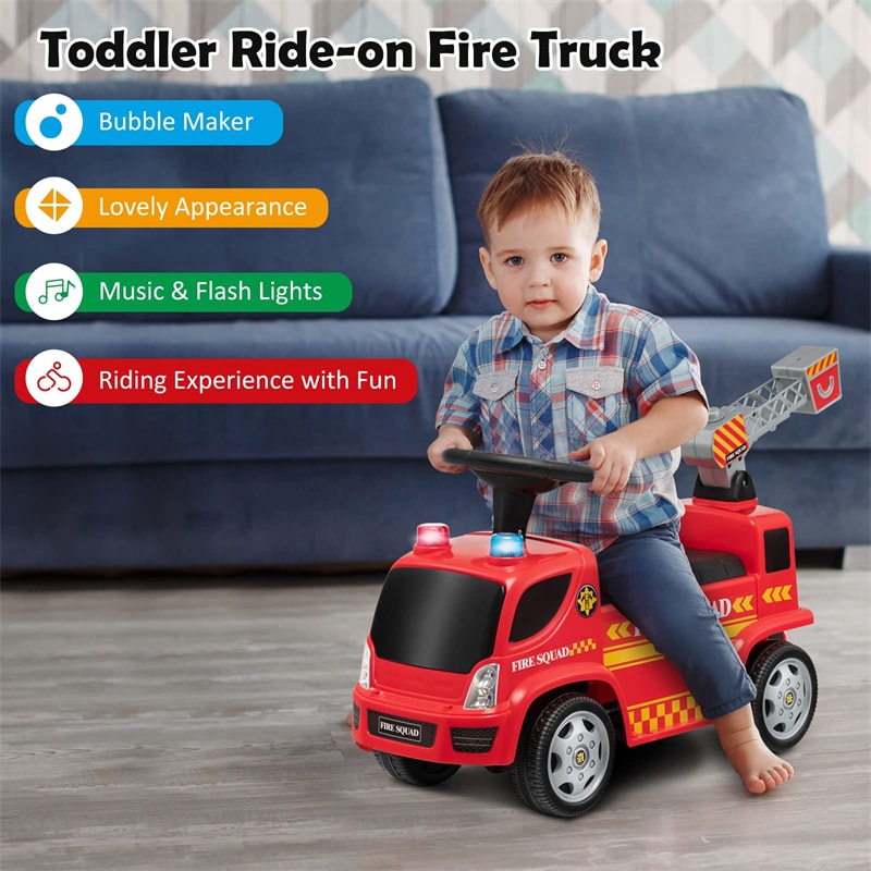 Kids Ride On Fire Truck Foot-to-Floor Sliding Push Car for Toddlers with Ladder Bubble Maker Headlights Music