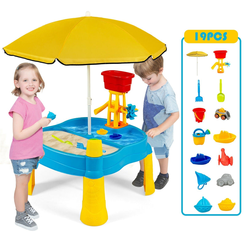 Kids Sand & Water Table Playset with Umbrella and 18 Pcs Accesories
