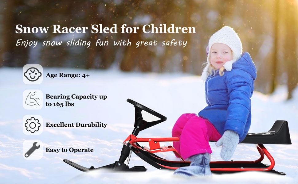 Kids Snow Racer Sled Ski Sled with Steering Wheel Double Brakes Pull Rope