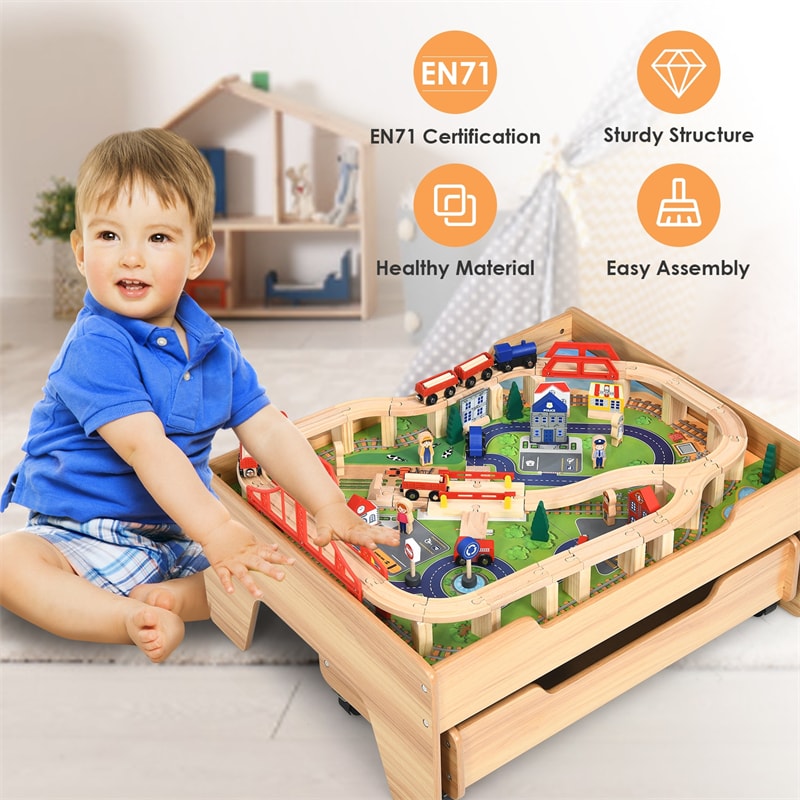 Chairliving Toddler Train Table Set Kids Wooden Activity Table Playset with 100 Multicolor Pieces and Lockable Wheels for Boys Girls Gift