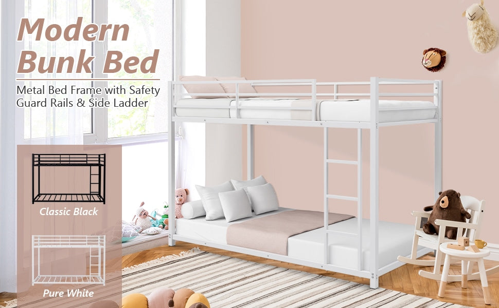 Metal Twin Over Twin Bunk Bed Frame with Guard Rails & Side Ladder for Kids