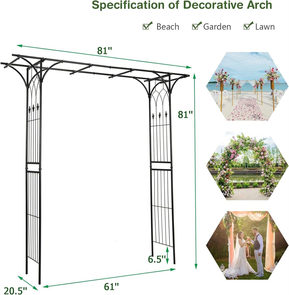 Metal Garden Arbor 81" Garden Arch Trellis Archway Patio Backyard Outdoor Wedding Arch for Climbing Plants Rose