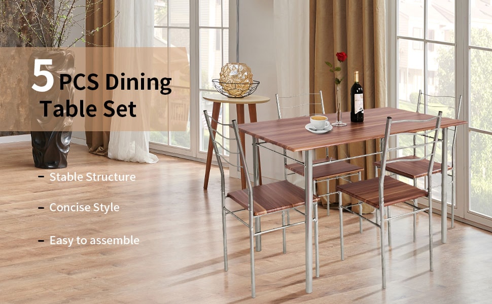 Modern 5 Piece Metal Frame Wood Kitchen Dining Table Set with 4 Chairs