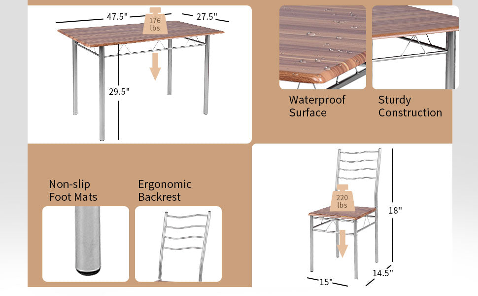 Modern 5 Piece Metal Frame Wood Kitchen Dining Table Set with 4 Chairs