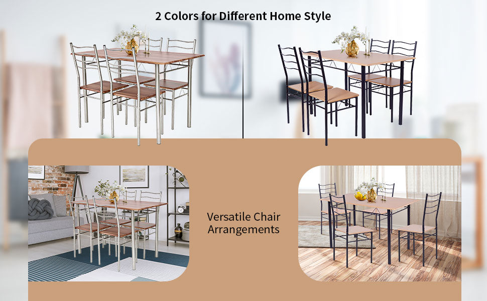 Modern 5 Piece Metal Frame Wood Kitchen Dining Table Set with 4 Chairs