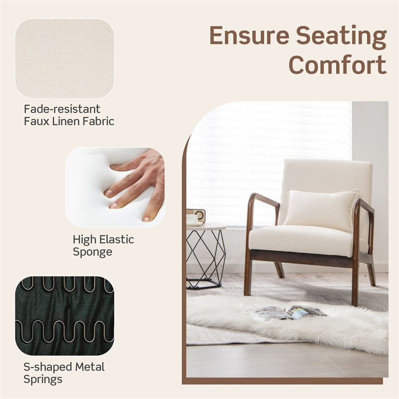 Modern Accent Chair Upholstered Leisure Armchair Rubber Wood Frame Arm Chair with Lumbar Pillow