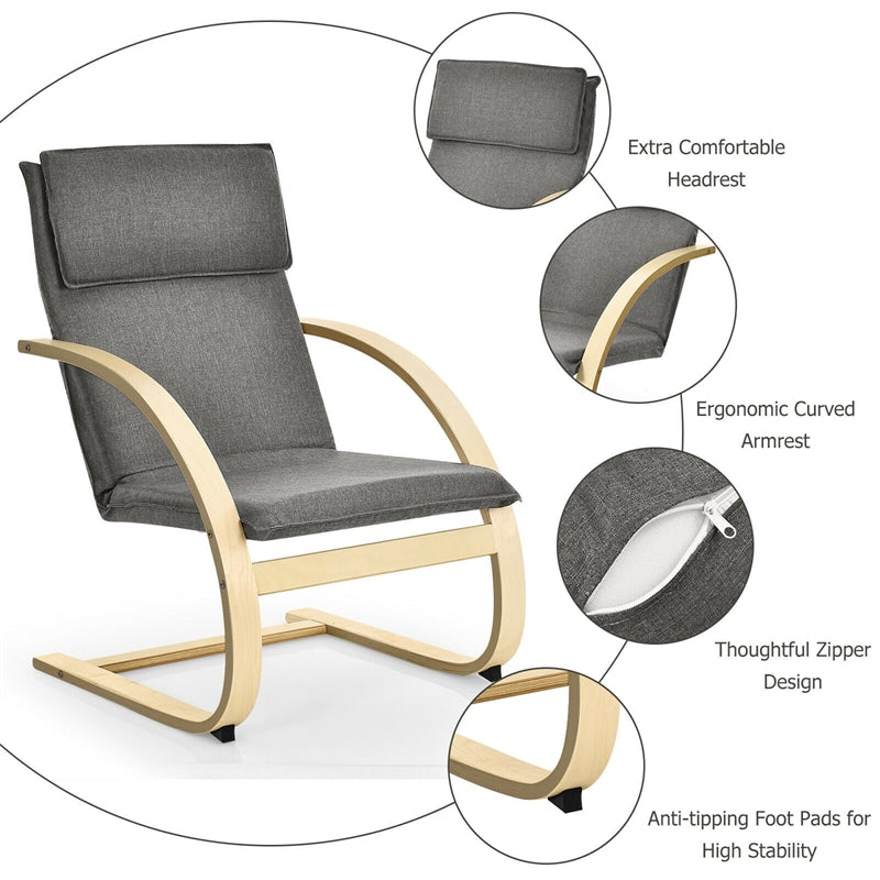 Modern Fabric Upholstered Bentwood Lounge Chair with Arm & Curved Leg