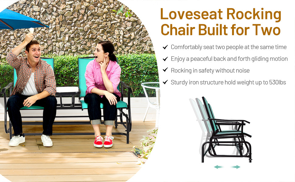 Outdoor 2-Person Rocking Loveseat Patio Bench Glider Chair with Center Tempered Glass Table