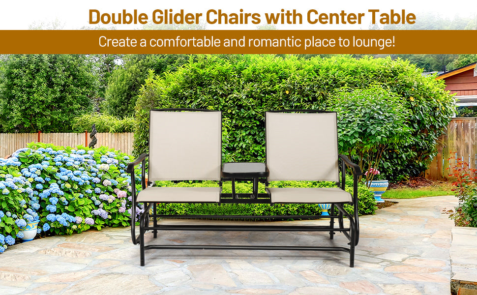 Outdoor 2-Person Rocking Loveseat Patio Bench Glider Chair with Center Tempered Glass Table