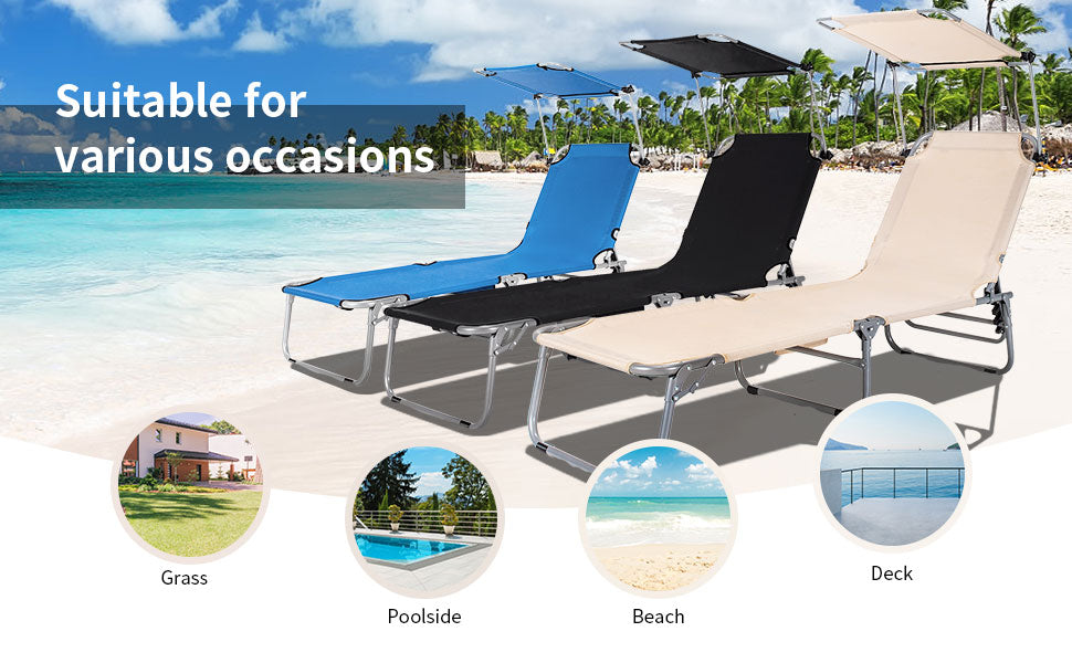 Outdoor Adjustable Folding Chaise Lounge Chair Beach Chair with Canopy Shade