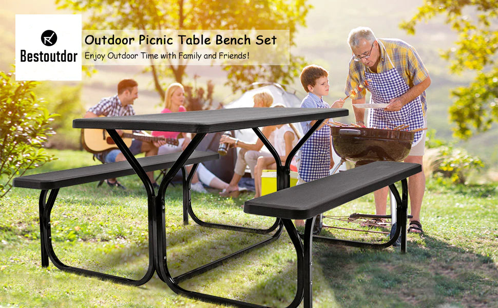 Outdoor Camping Picnic Table Bench Set with All Weather Metal Base