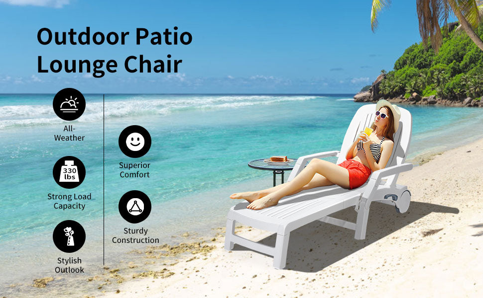 Outdoor Chaise Lounge Chair 6-Position Adjustable Patio Recliner with Wheels