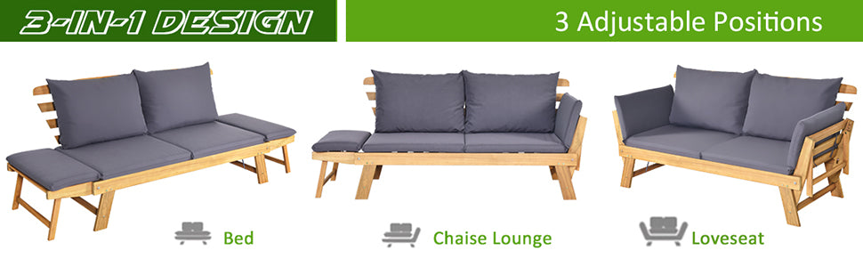 Outdoor Daybed Acacia Wood Convertible Couch Sofa Bed with Adjustable Armrest & Cushion