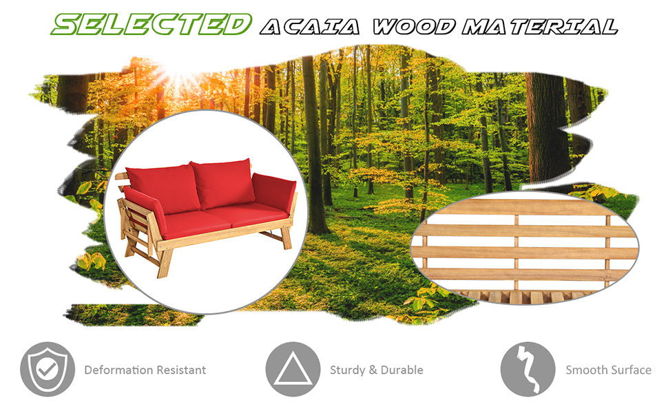 Outdoor Daybed Acacia Wood Convertible Couch Sofa Bed with Adjustable Armrest & Cushion