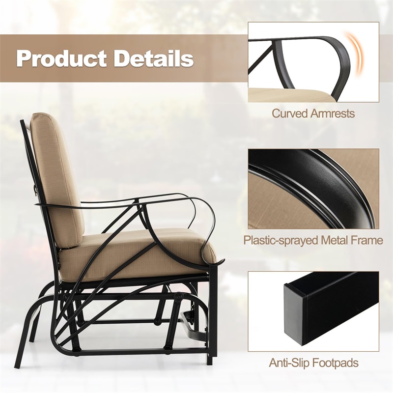 Outdoor Patio Glider Rocker Ergonomic Heavy-Duty Metal Frame Rocking Chair with Cushion & Curved Armrest for Porch Backyard