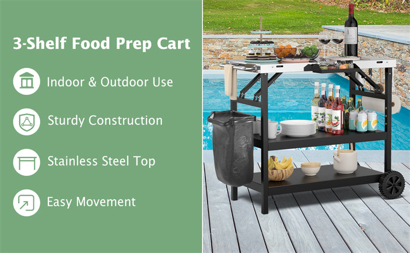Outdoor Grill Cart 3-Tier Movable Food Prep Table Stainless Steel Kitchen Work Table with Wheels, Spice Rack & Garbage Bag Holder