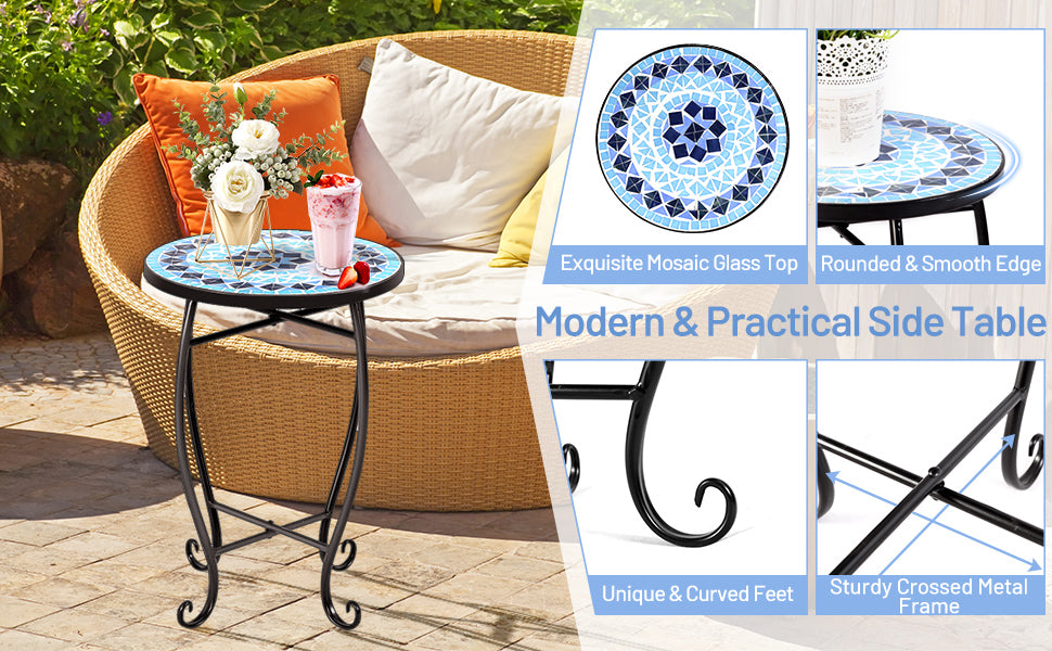 Outdoor Indoor Steel Round Accent Table Mosaic Plant Stand Cobalt Table