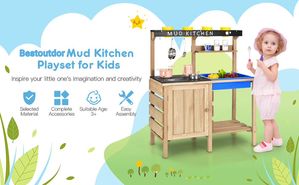 Outdoor Kids Mud Kitchen Playset Wood Pretend Play Toy with Kitchenware