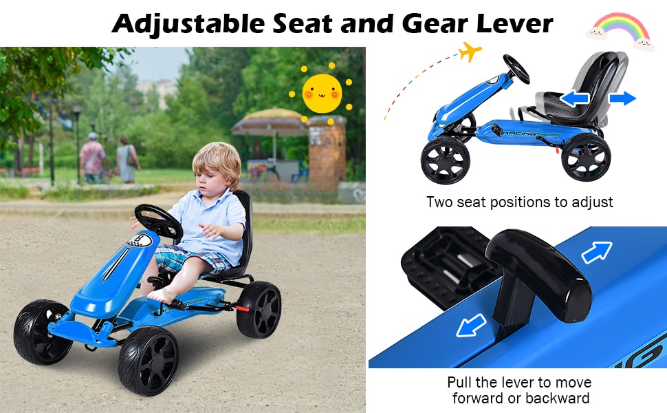 Outdoor Kids Powered 4-Wheel Ride On Pedal Go Kart w/ Adjustable 2-Position Seat