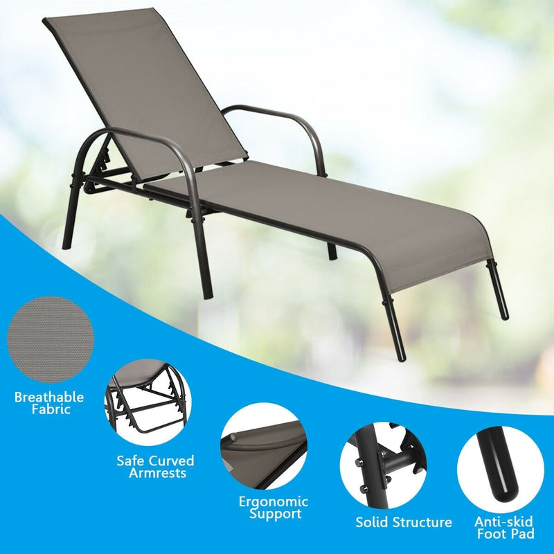 Outdoor Patio Recliner Chair Folding Chaise Lounge with Adjustable Backrest