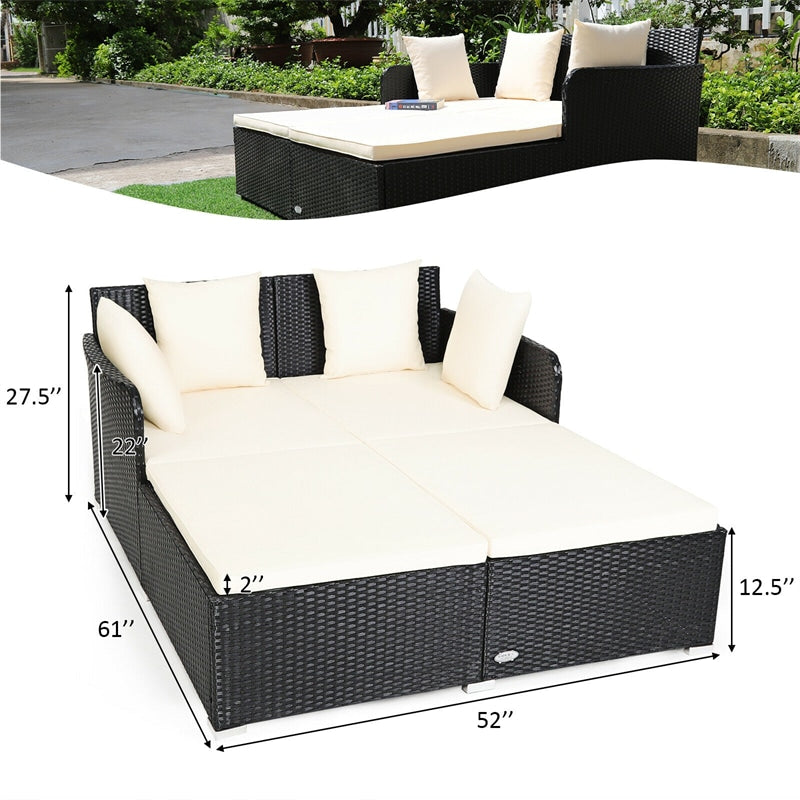 Outdoor Rattan Daybed Wicker Patio Cushioned Sofa Furniture with Pillows & Seat