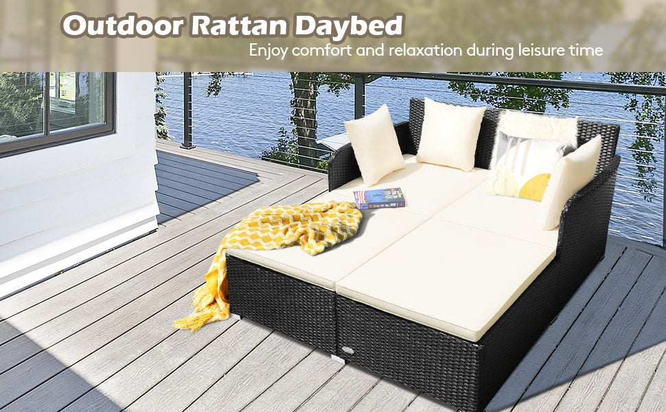 Outdoor Rattan Daybed Wicker Patio Cushioned Sofa Furniture with Pillows & Seat