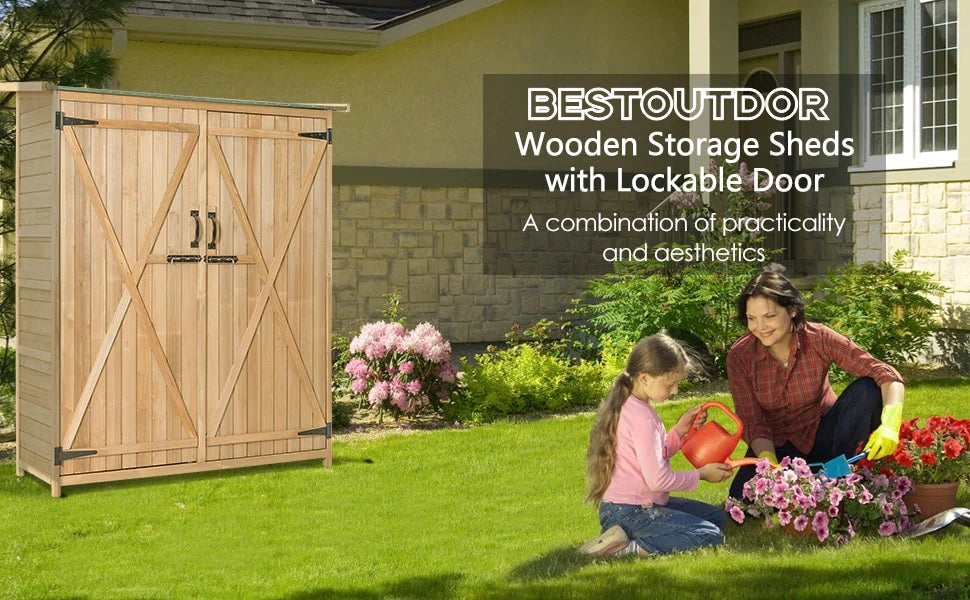 64" Outdoor Storage Shed Wooden Garden Tool Storage Cabinet with 2 Lockable Doors, Handles & Tilted Asphalt Roof