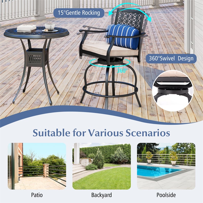 Outdoor Swivel Bar Stools Set of 2 Heavy Duty Metal Frame Bar Height Patio Chairs with Soft Cushions & Comfortable Armrest