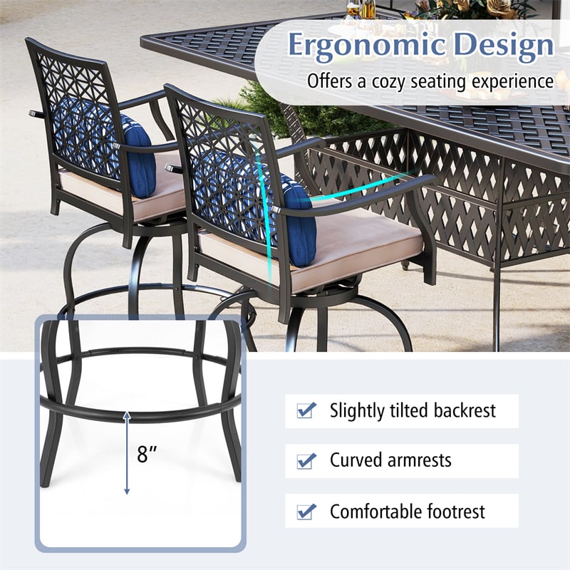Outdoor Swivel Bar Stools Set of 2 Heavy Duty Metal Frame Bar Height Patio Chairs with Soft Cushions & Comfortable Armrest