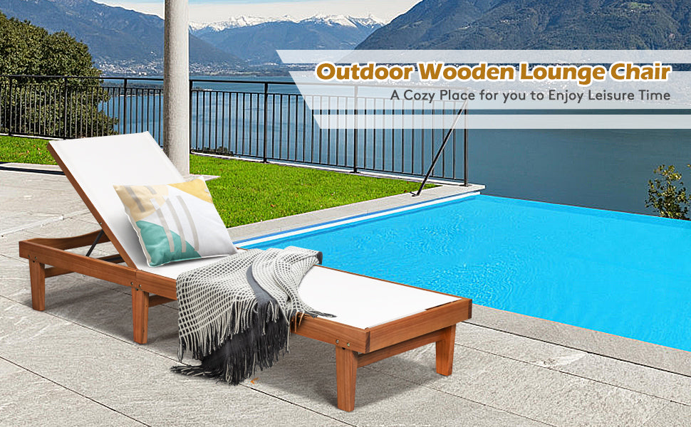 Outdoor Wood Chaise Lounge Chair 5-Position Adjustable Backrest Patio Recliner Chair