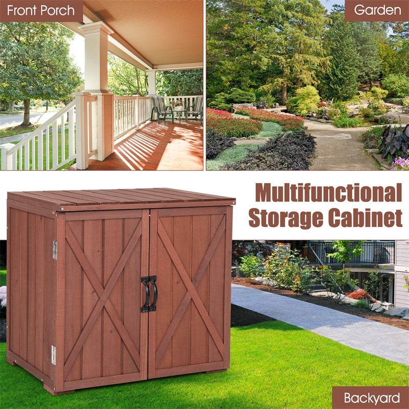 Outdoor Wood Storage Cabinet Garden Tool Shed with Double Doors for Patio Backyard