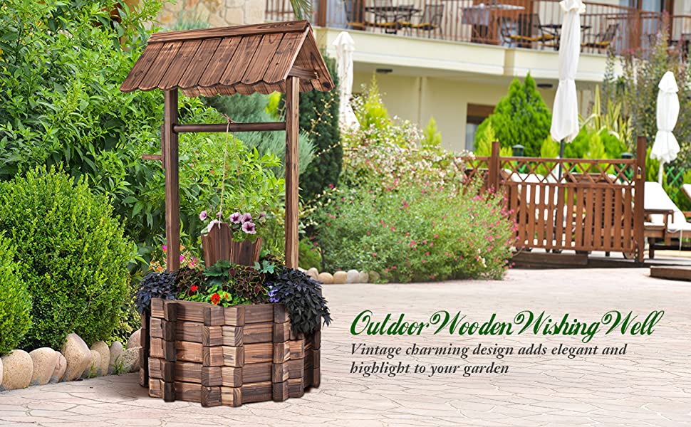 Rustic Outdoor Wooden Wishing Well Planter with Hanging Bucket Main