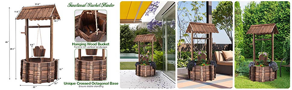 Rustic Outdoor Wooden Wishing Well Planter with Hanging Bucket main03