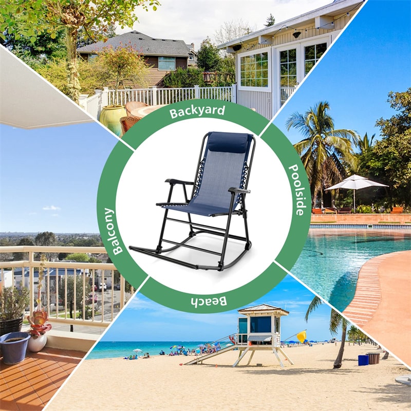 Patio Camping Rocking Chair Outdoor Folding Rocker with Pillow High Back Armrests Footrest