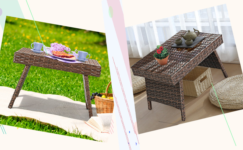Patio Folding PE Rattan Wicker Side Table Outdoor Coffee Table Poolside Garden Lawn Bistro Furniture