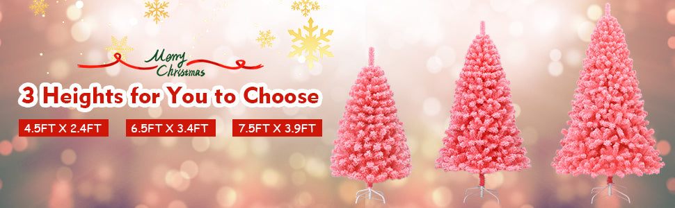 Pink Pre-lit Hinged Flocked Artificial Christmas Tree w/ 348 PVC Tips Metal Stand
